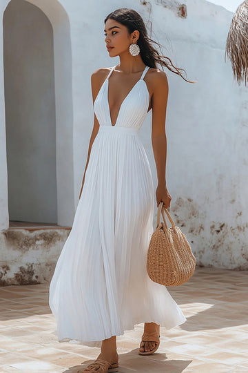 White Pleated V Neck Long Holiday Party Dress